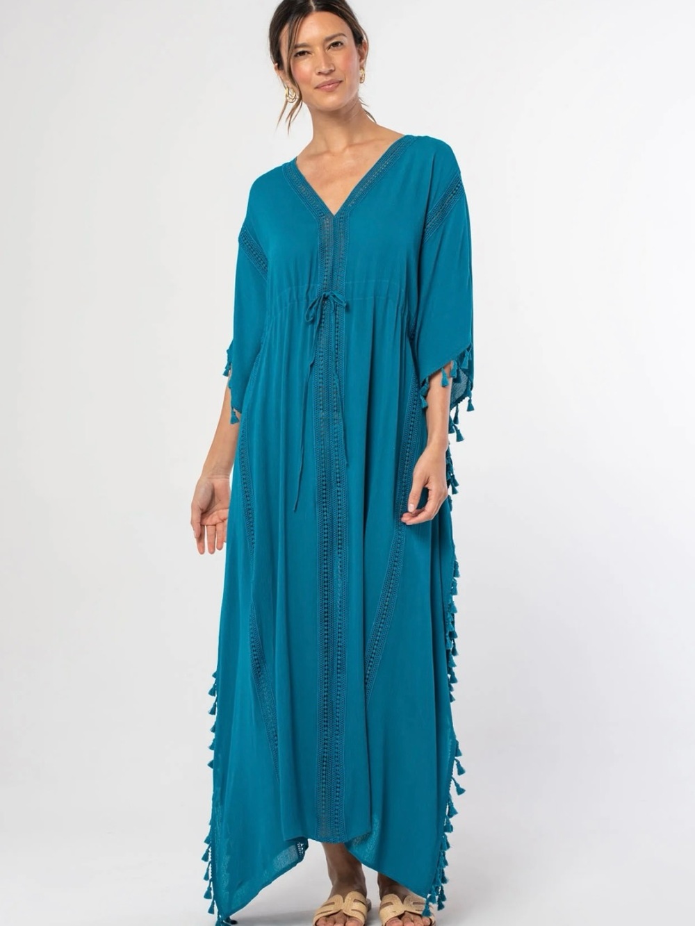 NWT lovestitch kaftan caftan teal blue Maxi Dress Tassel high slits - fits M/L